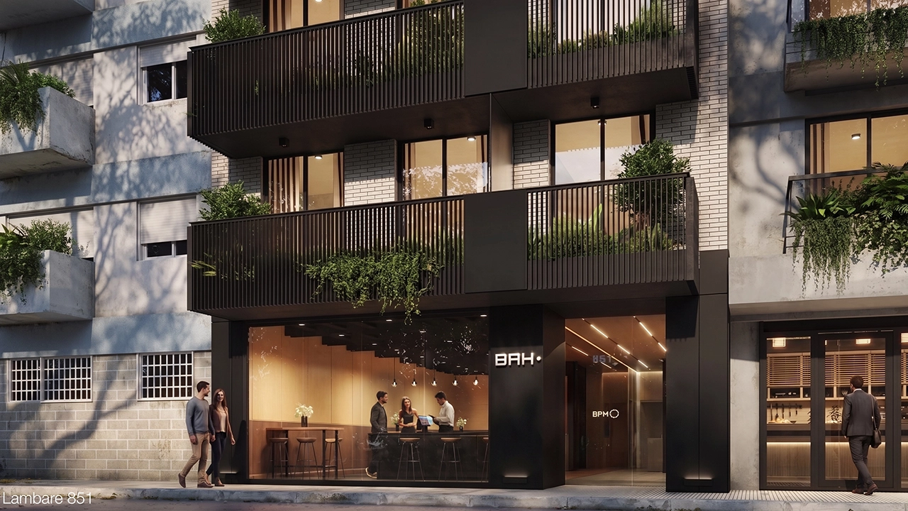 3D Architectural rendering building entrance facade of Lambaré 851 in Buenos Aires for BAH Desarrollos