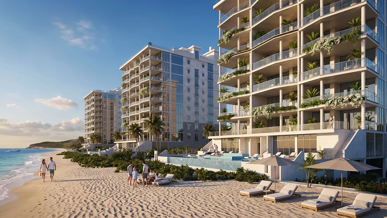 3D Architectural rendering exterior facade of Seven Mile Beach Condos in Grand Cayman