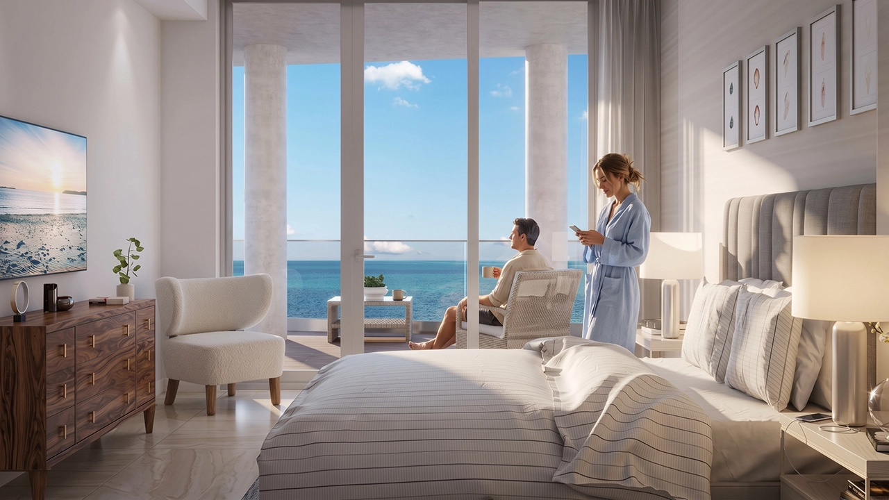 Seven Mile Beach Condos - Master Bedroom Suite with Panoramic Ocean View 3D Rendering