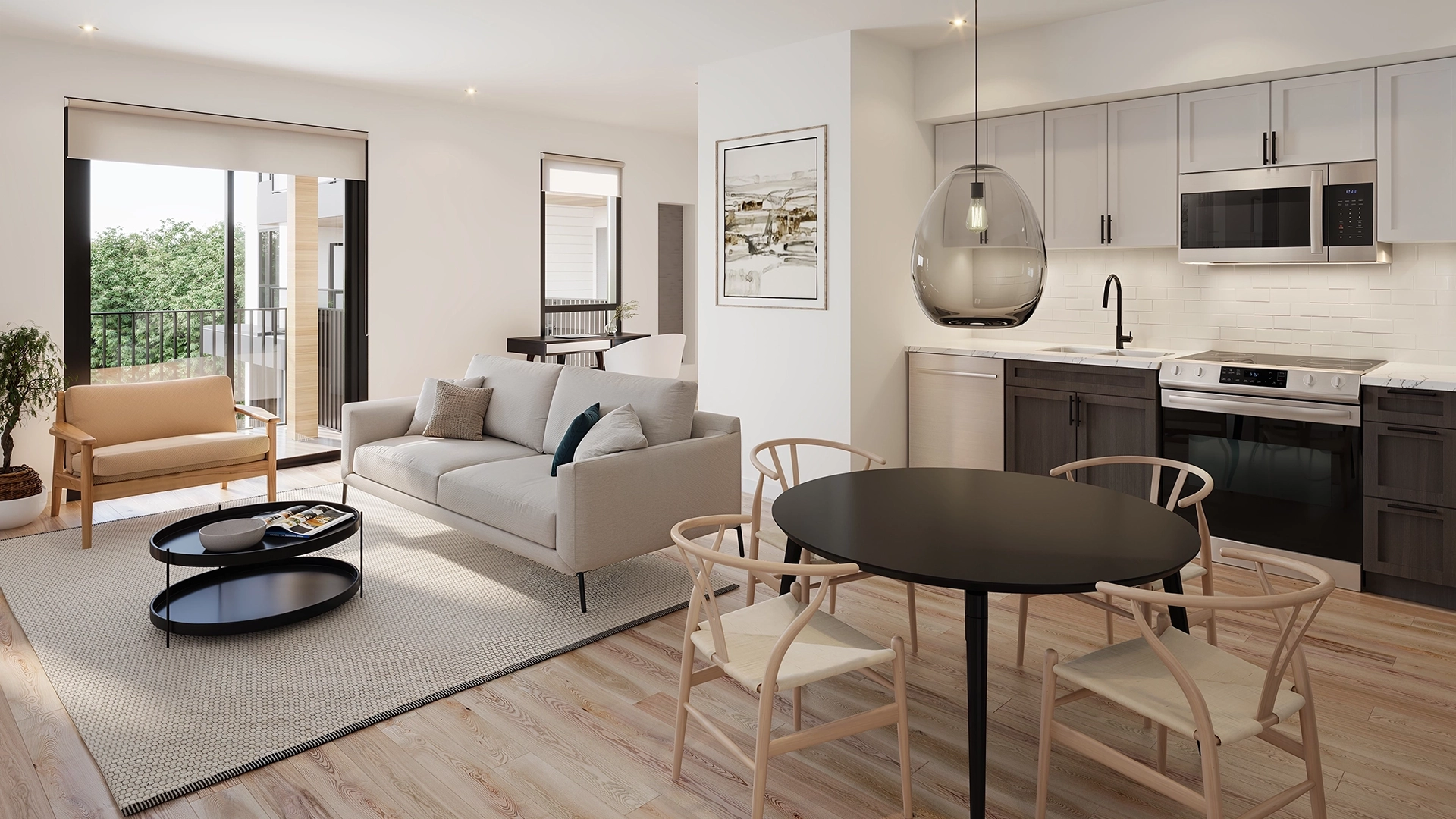 the jake modern suite interior living room kitchen render