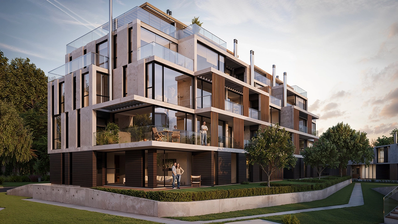 Hanami Park - Modern Residential Building Exterior 3D Rendering (View 1)