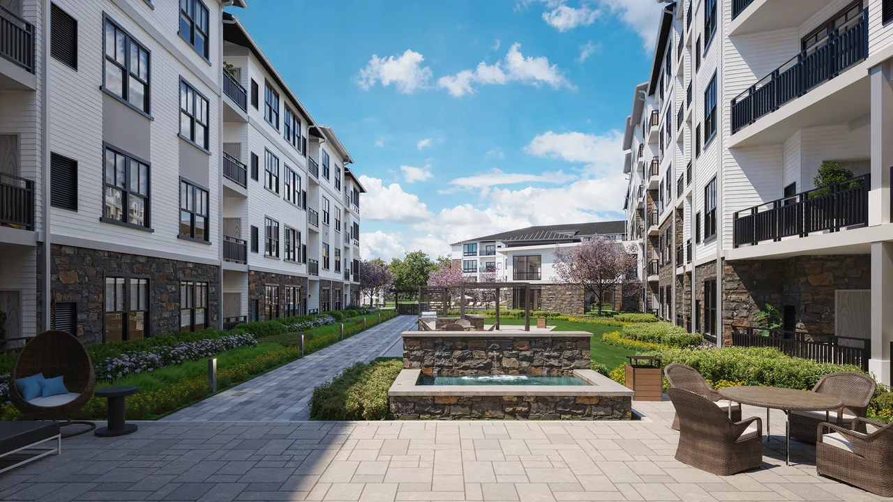 River Rock - Beautifully Landscaped Courtyard and Outdoor Space 3D Rendering