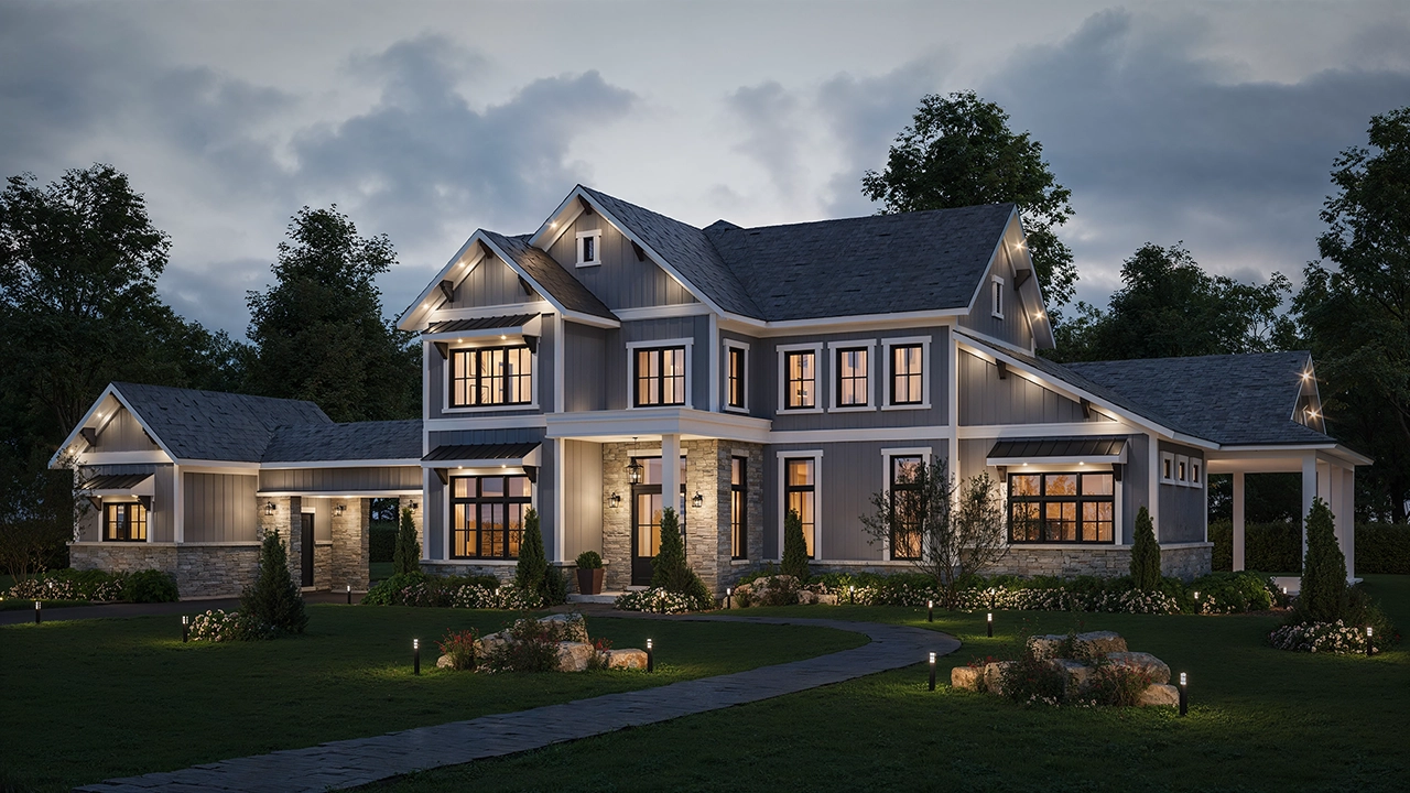 3D Rendering exterior day view of the Tamarria Homes project in Bethany Hills, Ontario, Canada for Tomarria Homes - Architectural Building